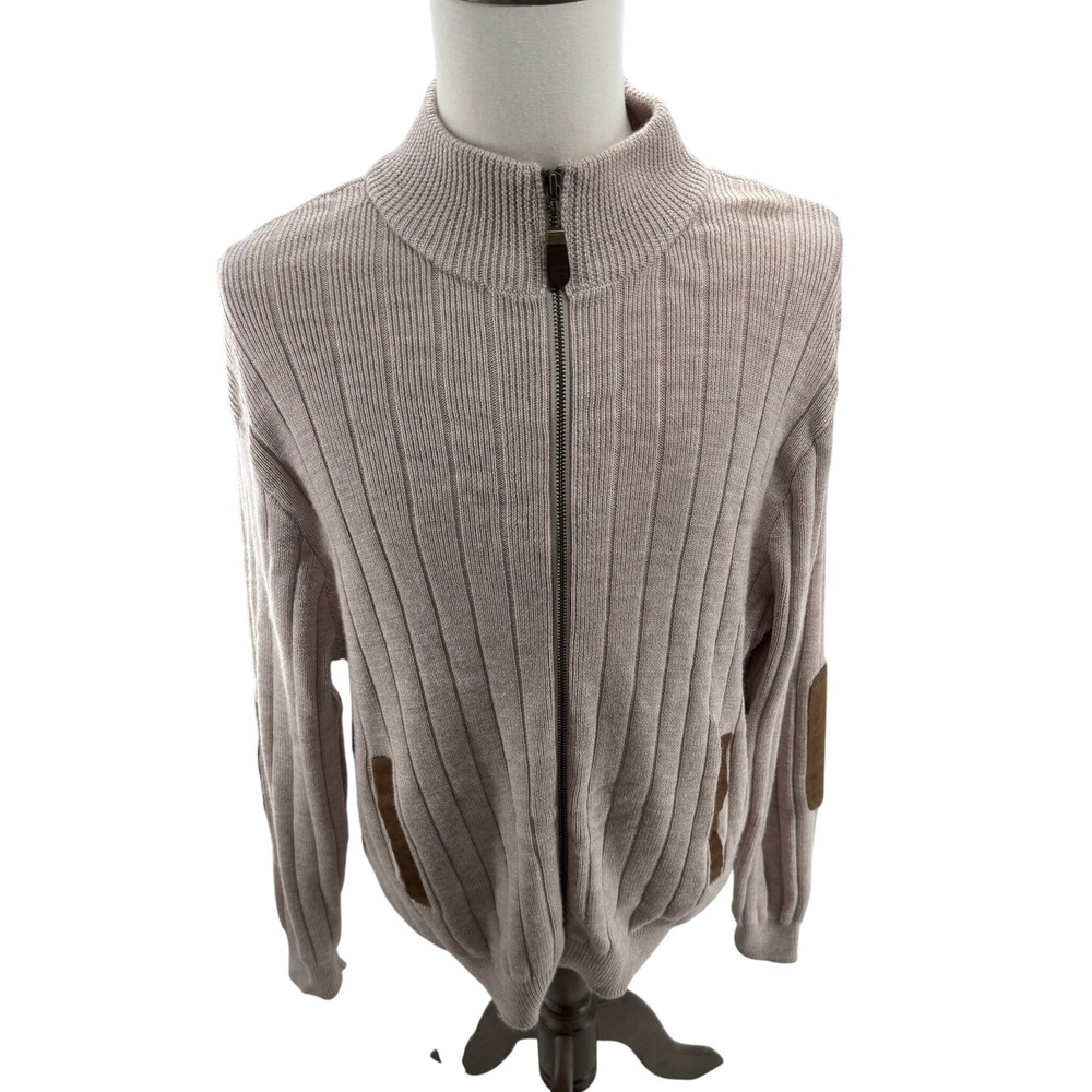 Orvis Beige Ribbed Merino Wool Full Zip Knit‎ Sweater Elbow Patches Mens Medium